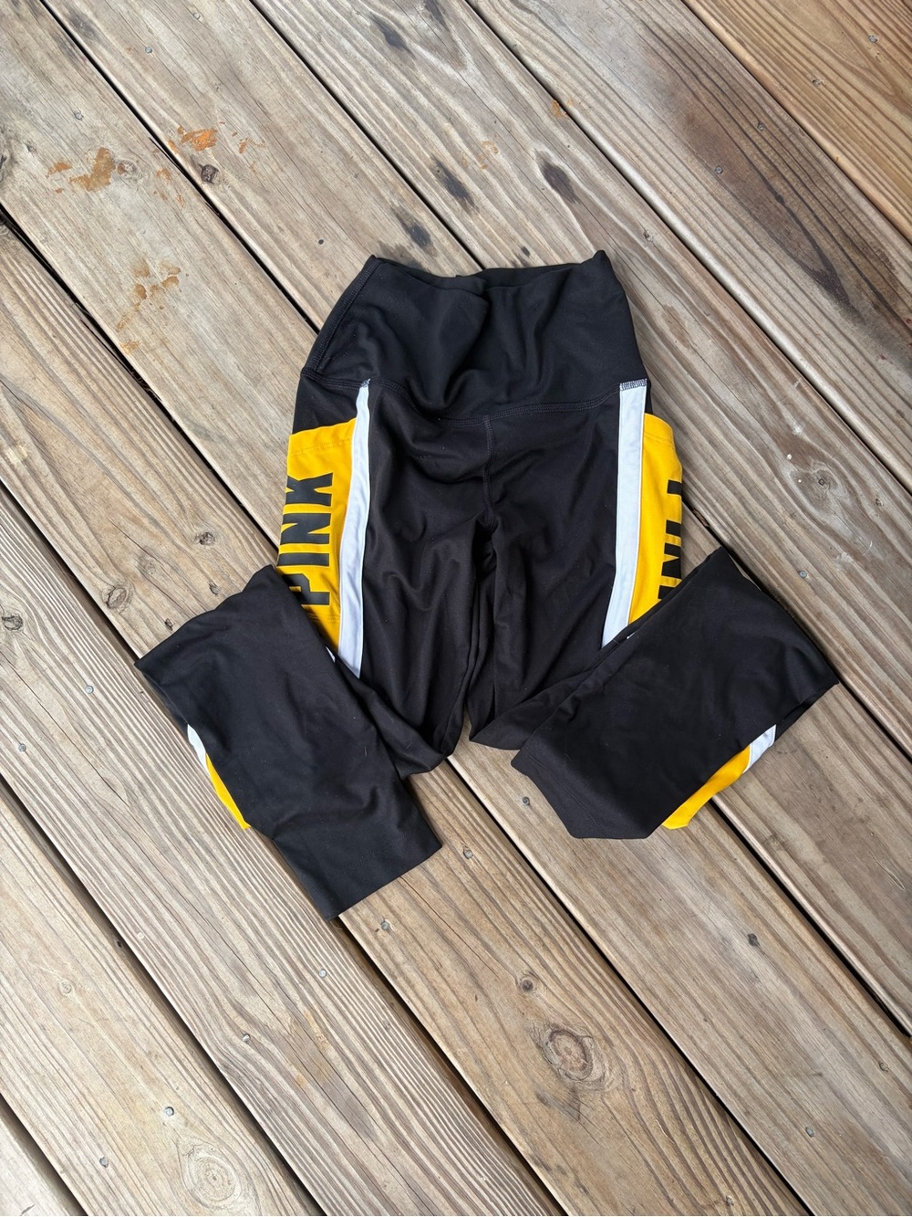 PINK Victoria's Secret Black Leggings with Yellow Panels